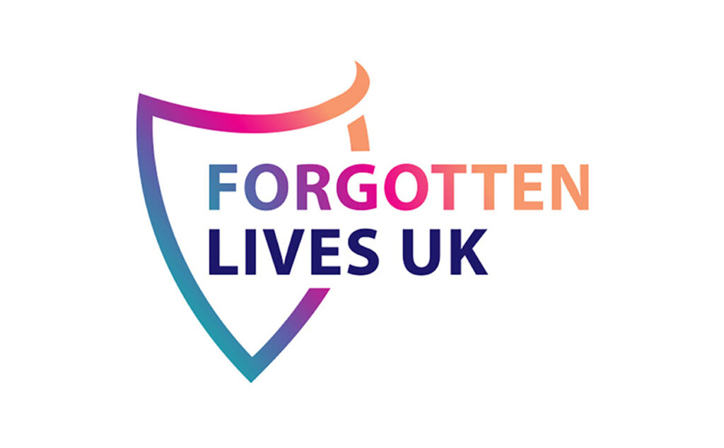 Brand identity logo for Forgotten Lives by Amanda Dantuma, featuring a brightly coloured shield surrounding the brand name as a symbol of protection and hope.
