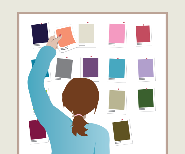 A colourful digital illustration of a woman studying a wall of colour swatches, demonstrating the process of colour theory in graphic design.