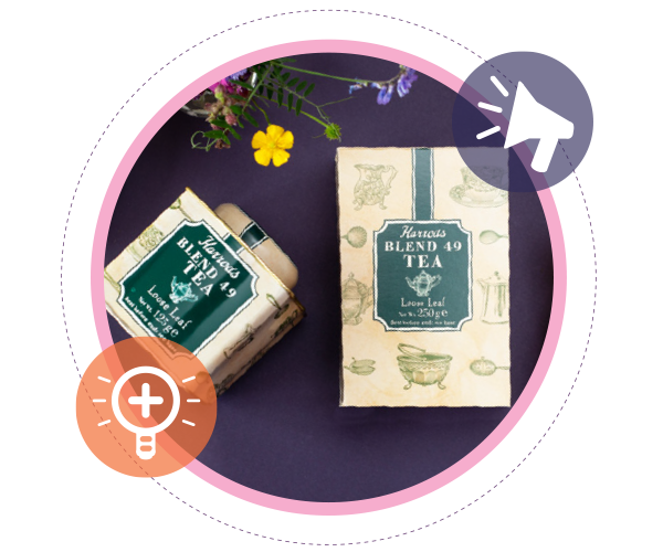 A circular icon which contains images of tea packaging designed by Amanda Dantuma